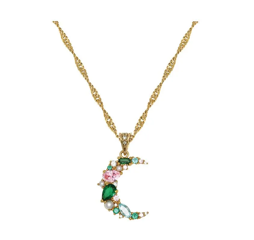 Celeste Cluster Moon Necklace Emerald Green, Blush Pink, Aqua CZ and Gold