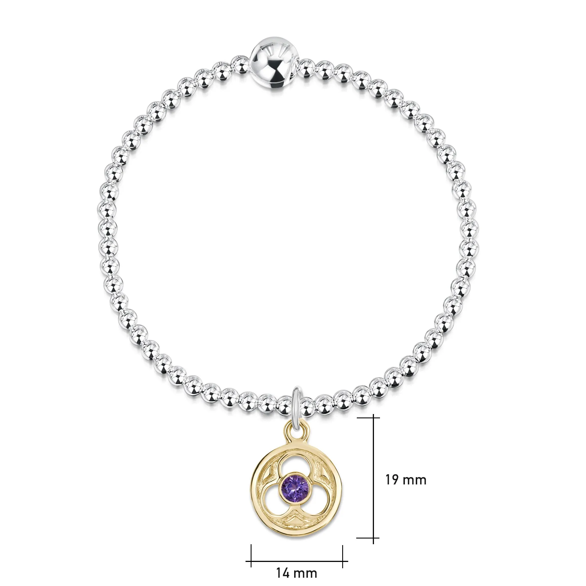 Celtic Trinity Silver Stretch Bracelet with 9ct Yellow Gold & Amethyst Charm