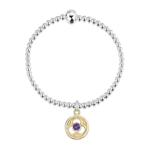 Celtic Trinity Silver Stretch Bracelet with 9ct Yellow Gold & Amethyst Charm