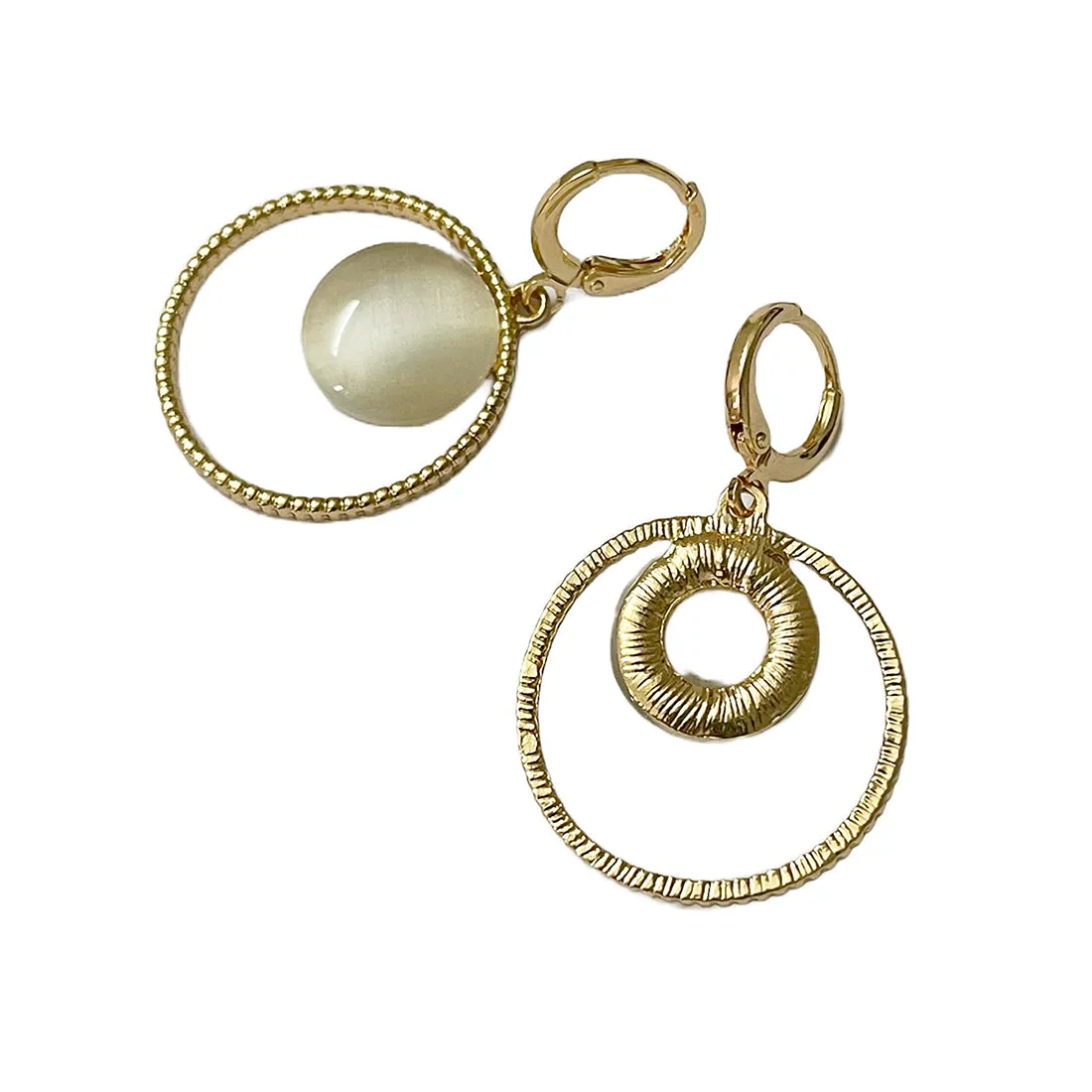 Circular White Moonstone Rose Gold-Toned Hoop Drop Earrings