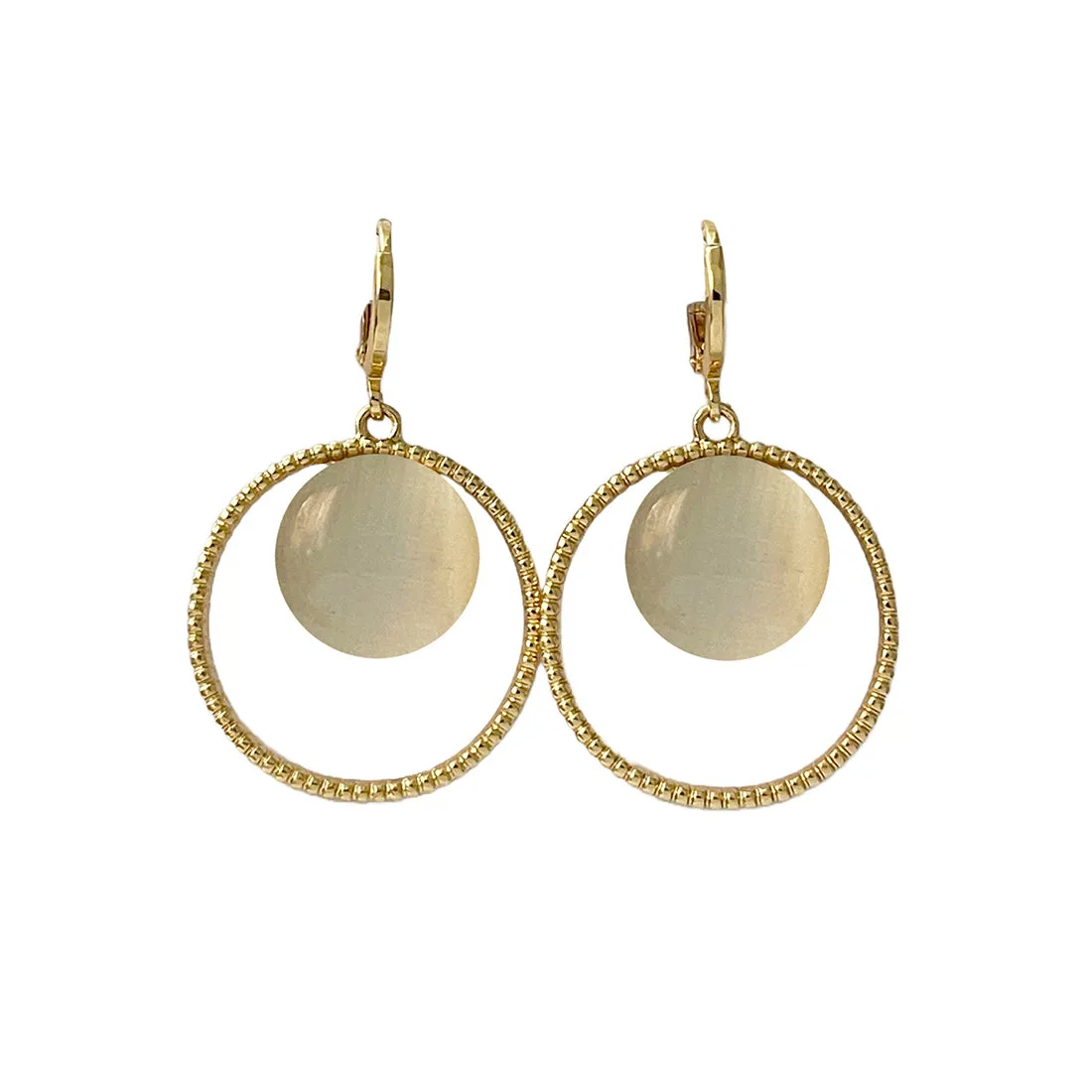 Circular White Moonstone Rose Gold-Toned Hoop Drop Earrings