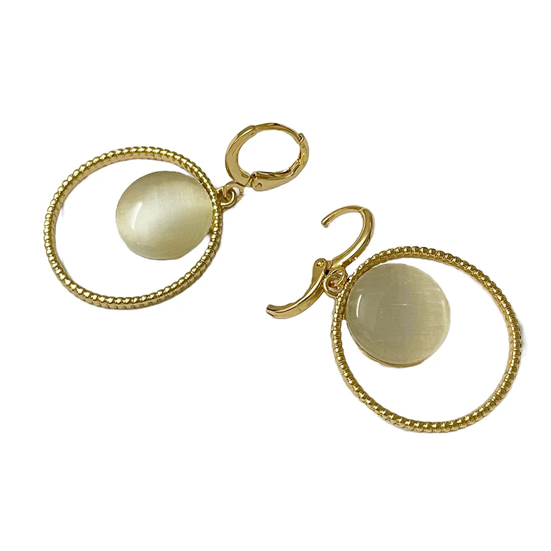 Circular White Moonstone Rose Gold-Toned Hoop Drop Earrings