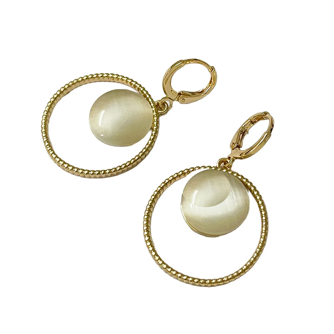 Circular White Moonstone Rose Gold-Toned Hoop Drop Earrings