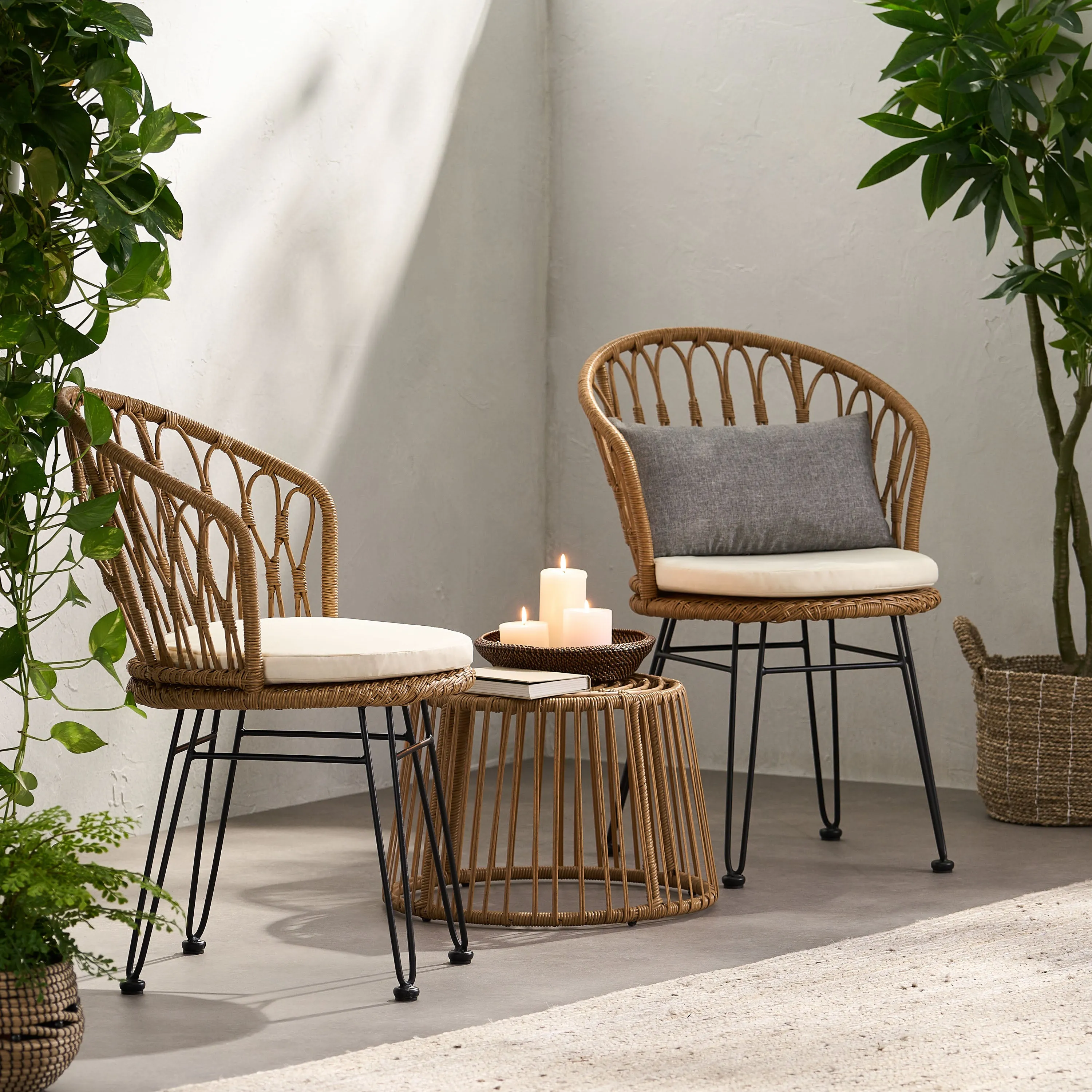Cowen Outdoor Wicker 3 Piece Chat Set with Cushions, Light Brown, Black, and Beige