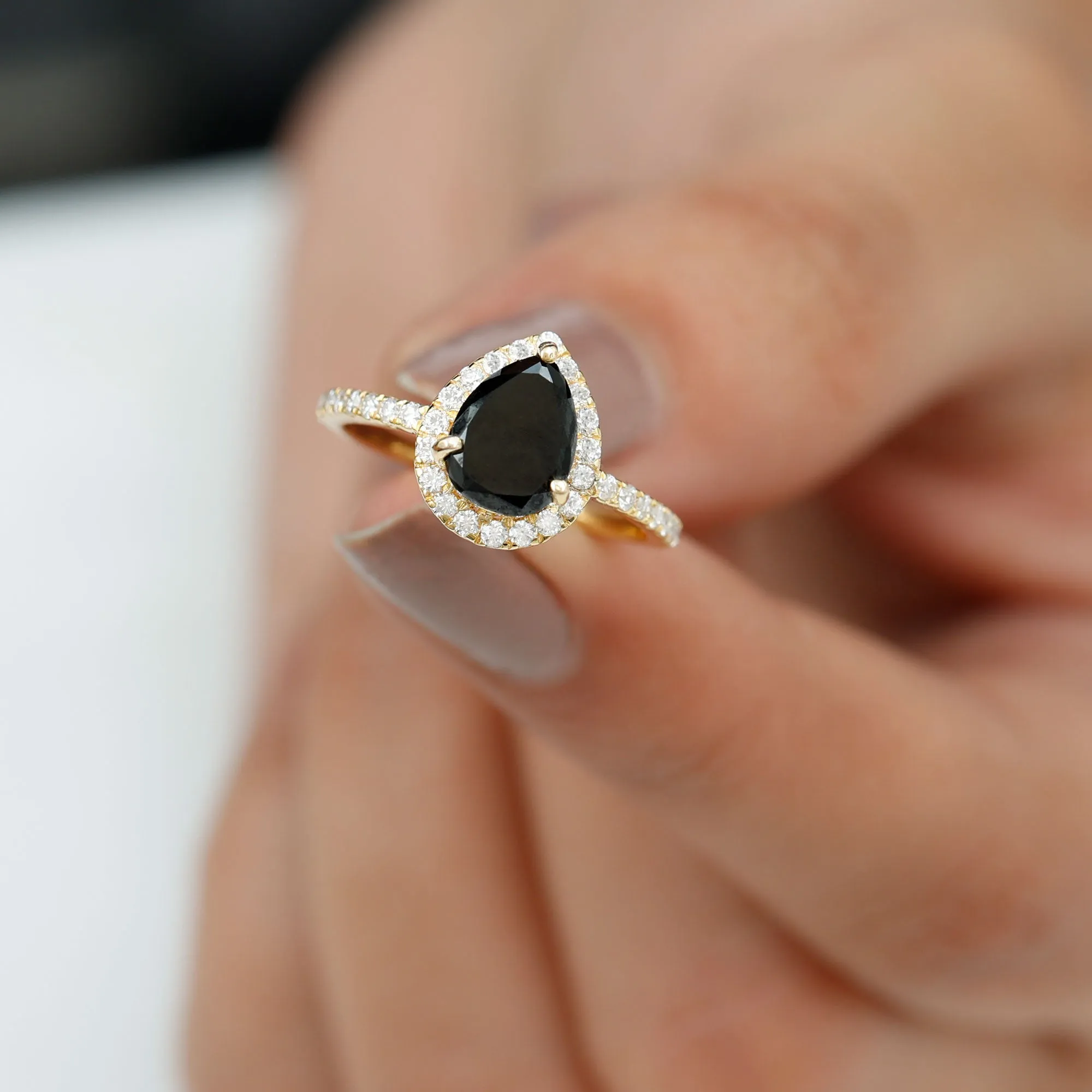 Created Black Diamond and Diamond Halo Engagement Ring
