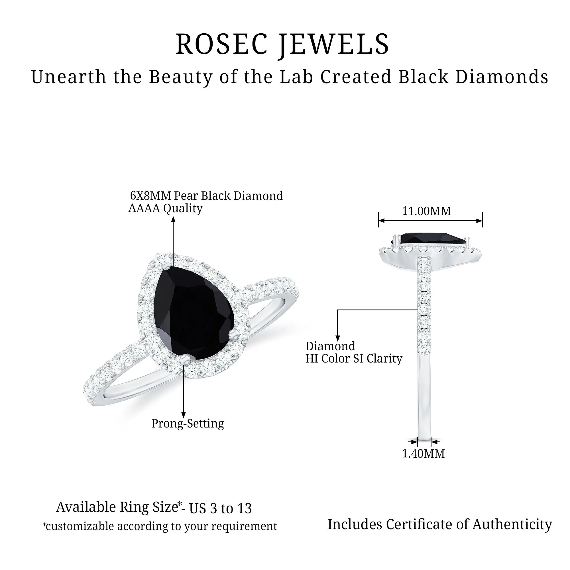 Created Black Diamond and Diamond Halo Engagement Ring