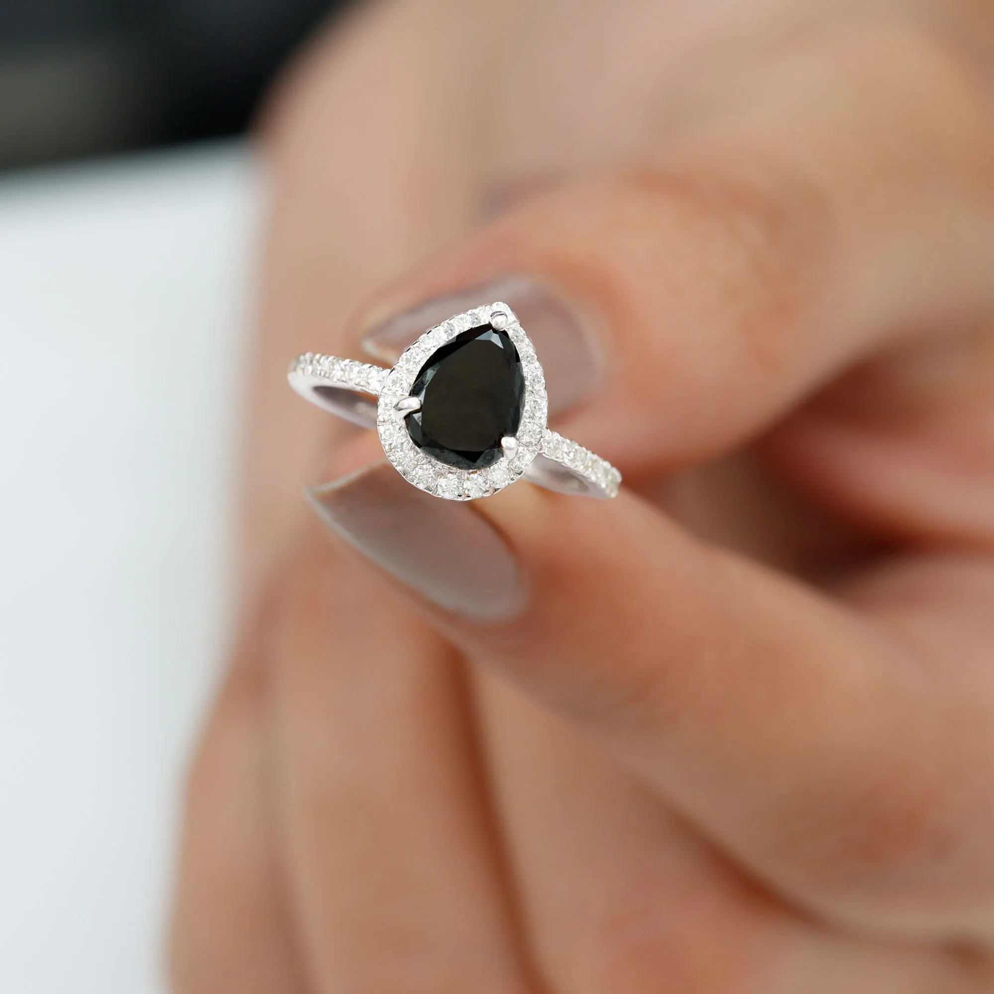 Created Black Diamond and Diamond Halo Engagement Ring