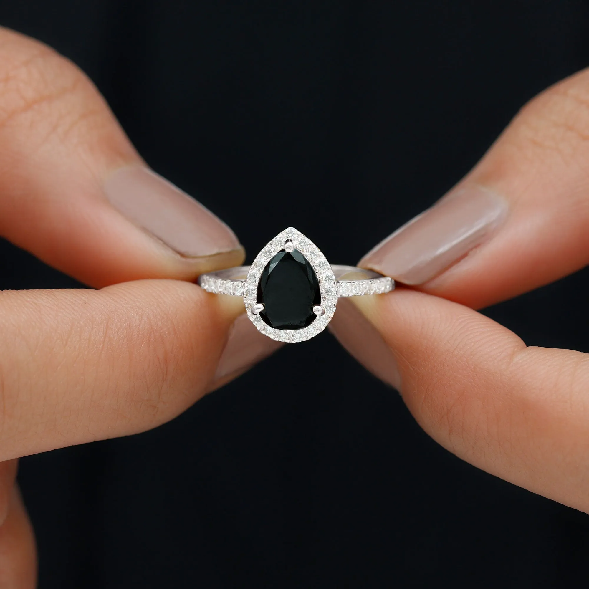Created Black Diamond and Diamond Halo Engagement Ring