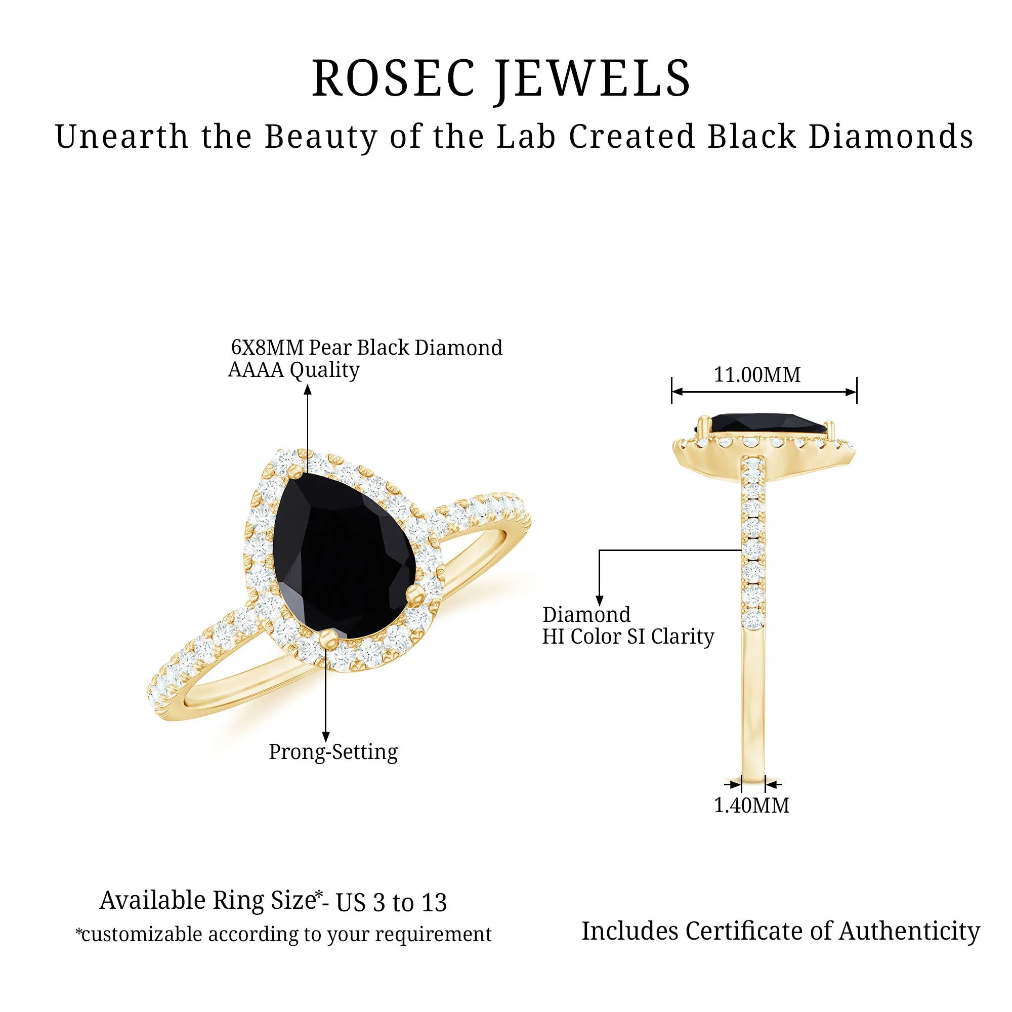 Created Black Diamond and Diamond Halo Engagement Ring