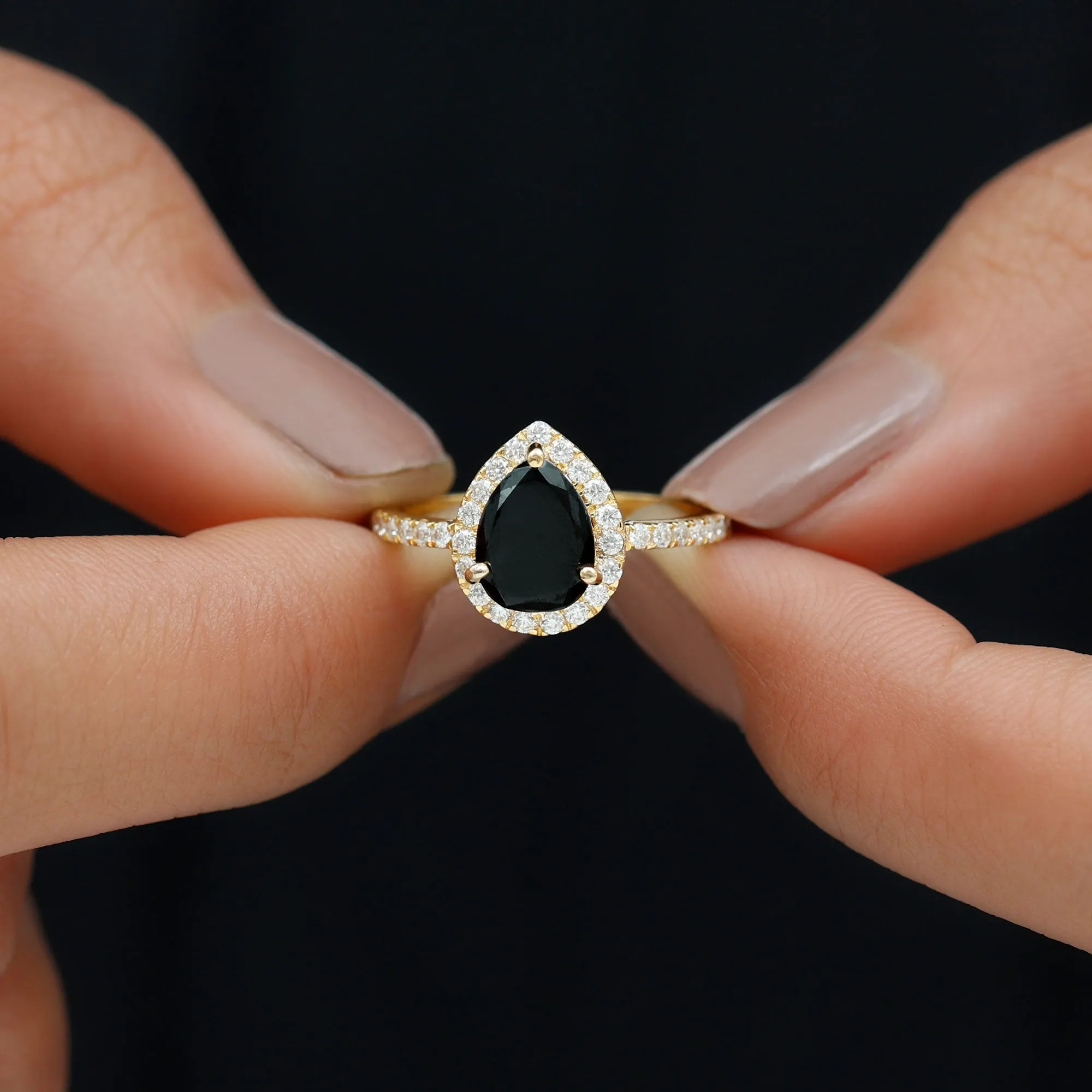 Created Black Diamond and Diamond Halo Engagement Ring