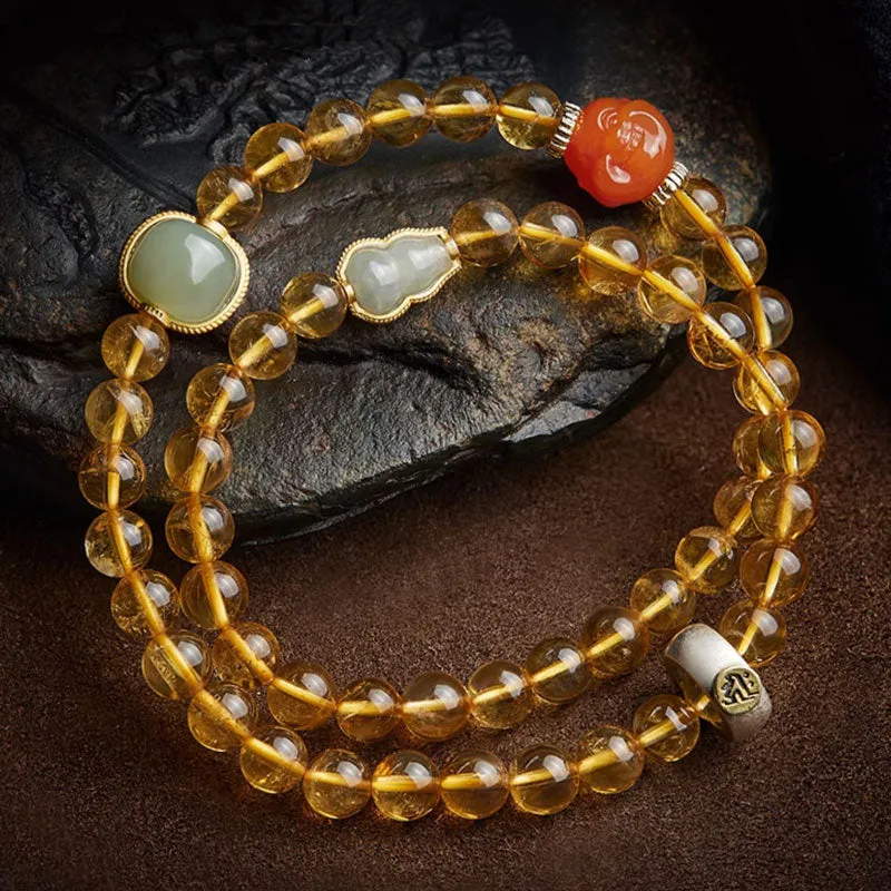 Double Circle Natural Clear Citrine Bracelet with Hetian Jade Multiple Gemstones