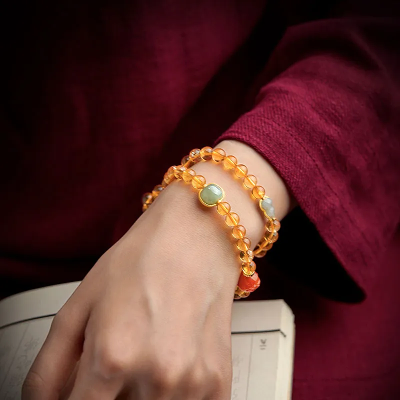 Double Circle Natural Clear Citrine Bracelet with Hetian Jade Multiple Gemstones