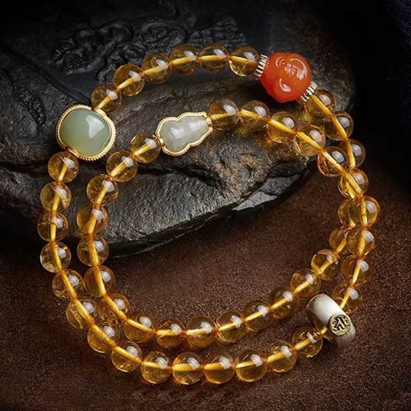 Double Circle Natural Clear Citrine Bracelet with Hetian Jade Multiple Gemstones