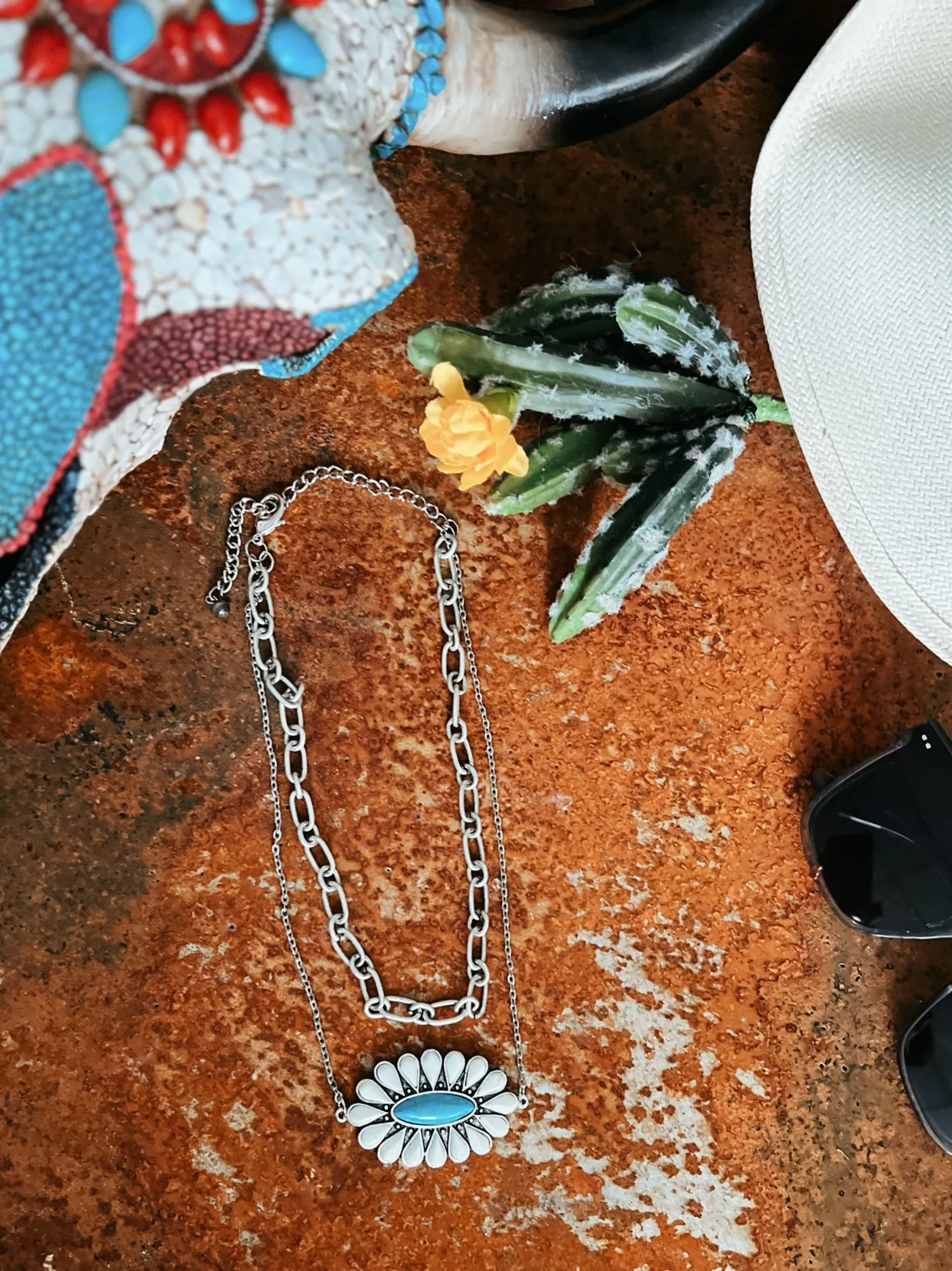 Double Stranded White and Turquoise Squash Blossom Necklace