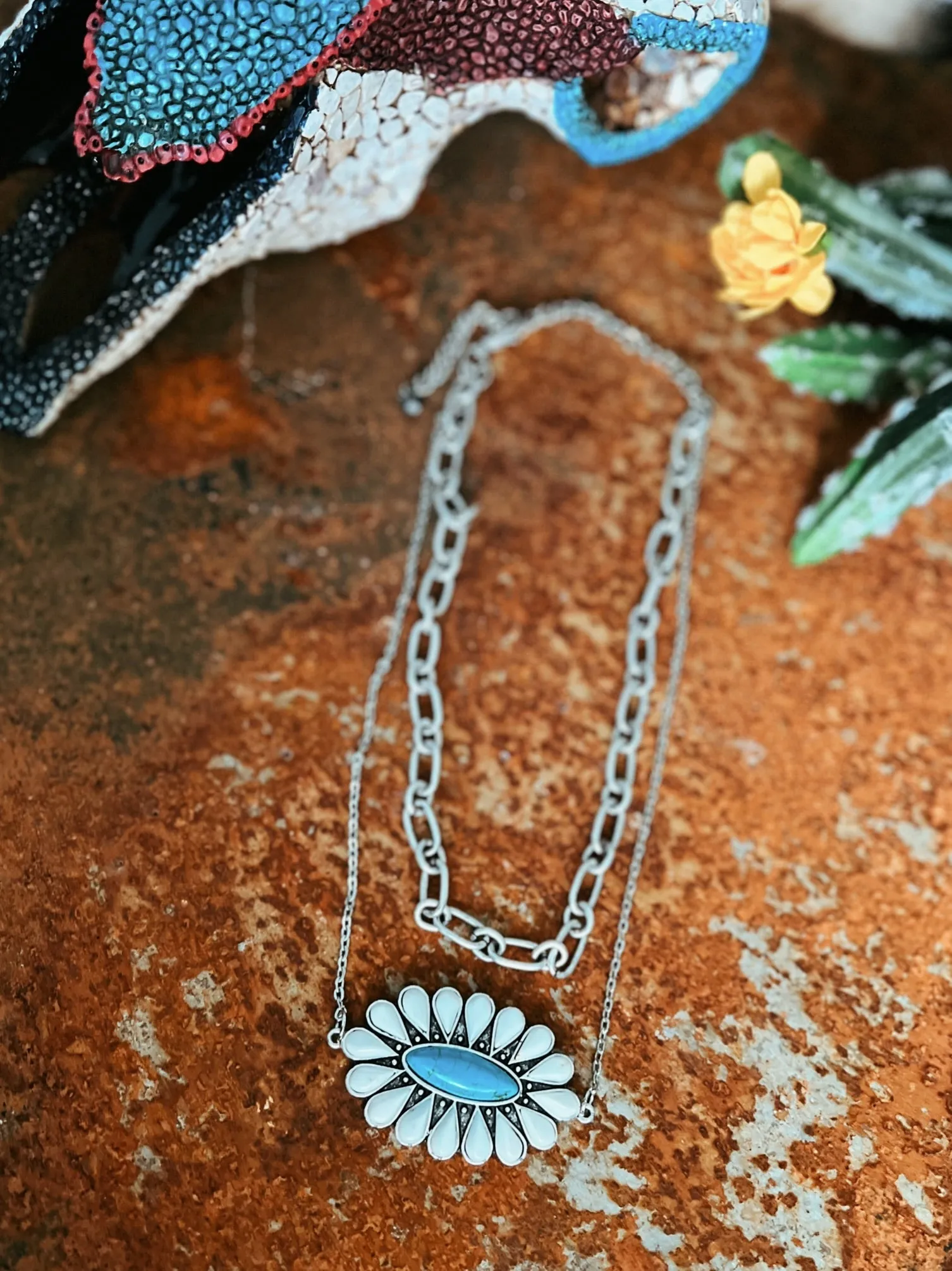 Double Stranded White and Turquoise Squash Blossom Necklace