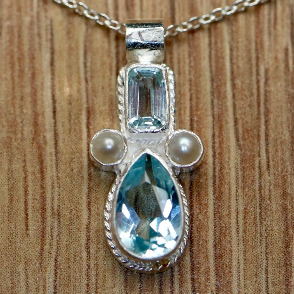 Eleanora Duse Necklace: Silver, Blue Topaz and Pearls