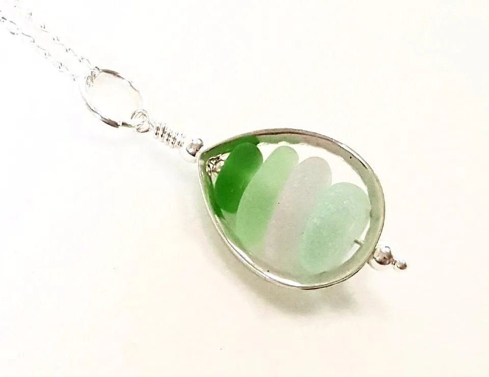 GENUINE Sea Glass Locket In Sterling Silver Teardrop Beach Glass Necklace