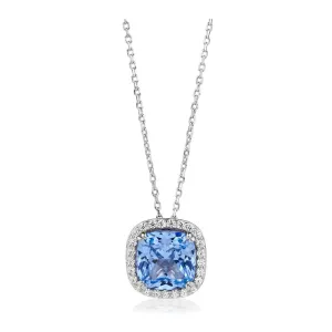 Halo necklace with blue topaz simulant and 0.22 carats* of diamond simulants in sterling silver