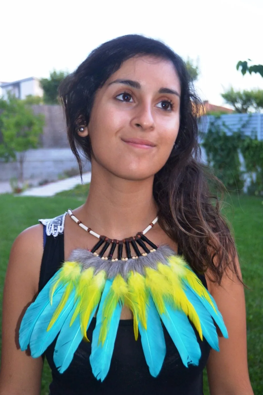 J17- Turquoise and yellow Feather Necklace
