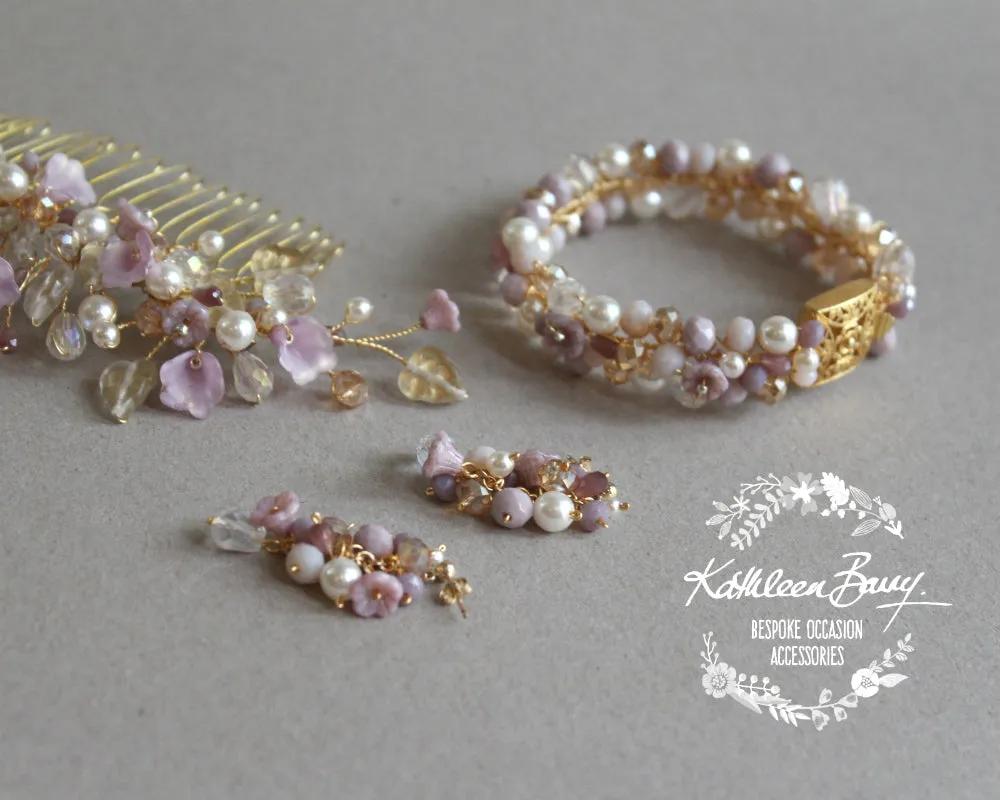 Jackie Lilac Plum Lavender Gold Bridal bracelet - Crystal pearl - wedding accessories jewelry
