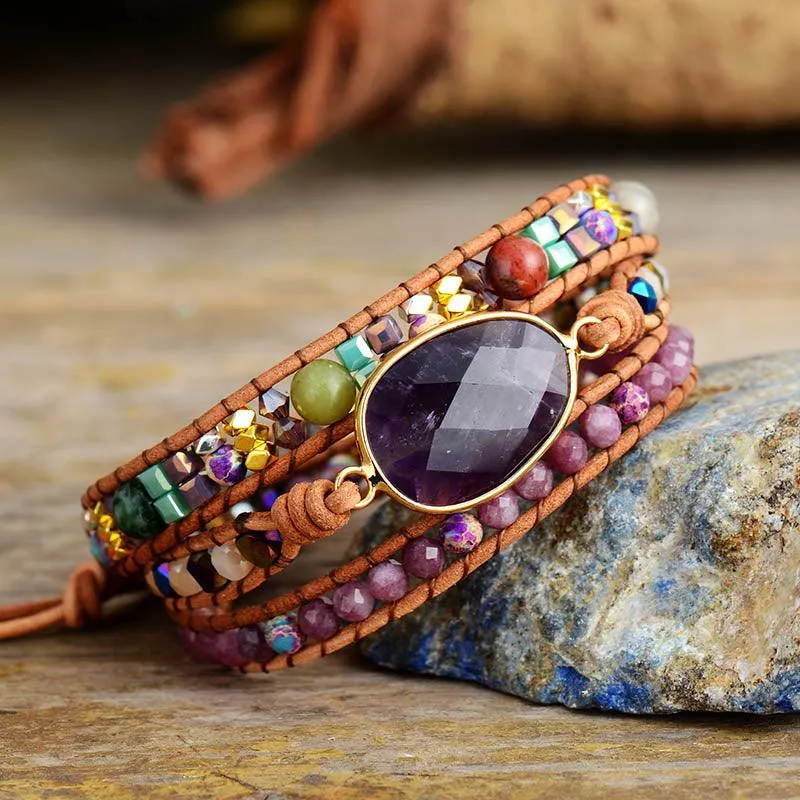 Jasper Amethyst Charm Wrap Bracelet