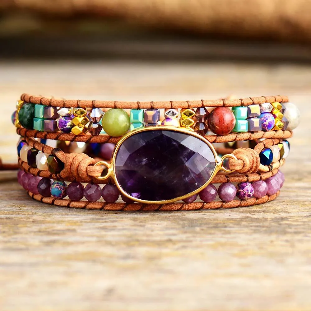 Jasper Amethyst Charm Wrap Bracelet