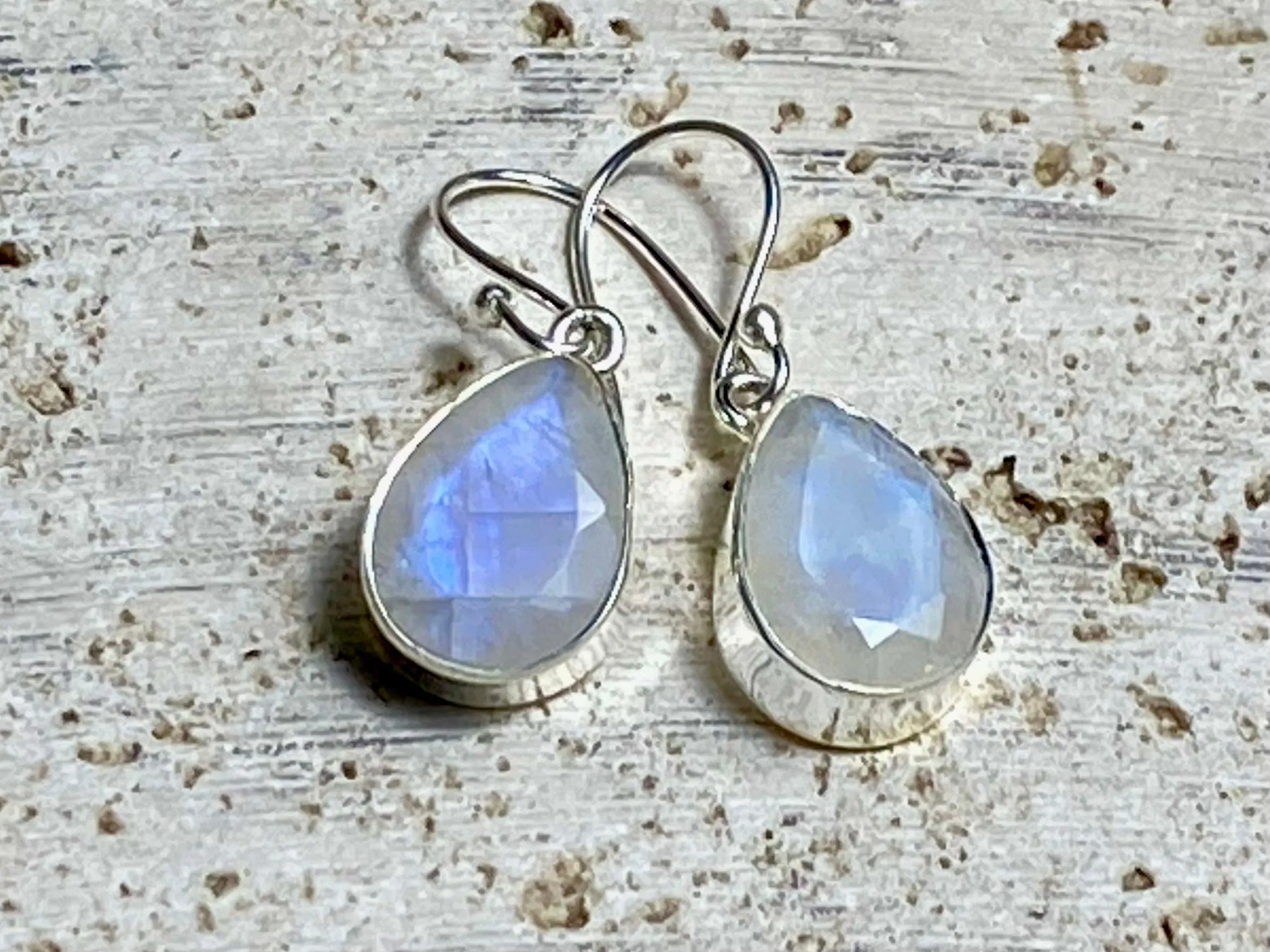Large Rainbow Moonstone Silver Earrings