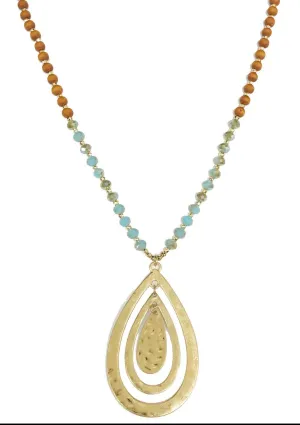Long Wood And Turquoise Beads With Gold Teardrop Pendants