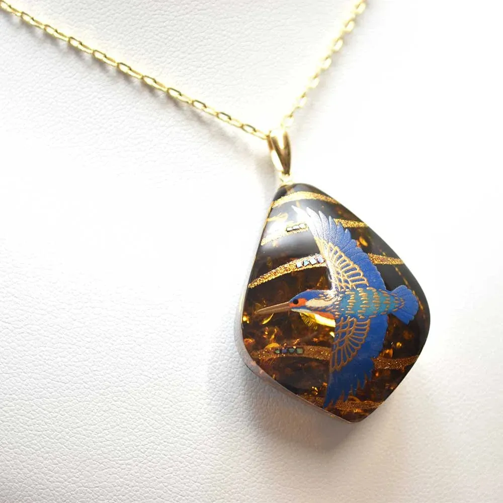 Maki-e Urushi Lacquer Pendant Necklace - Amber / Kingfisher -, Traditional Japanese Urushi Lacquer Jewelry