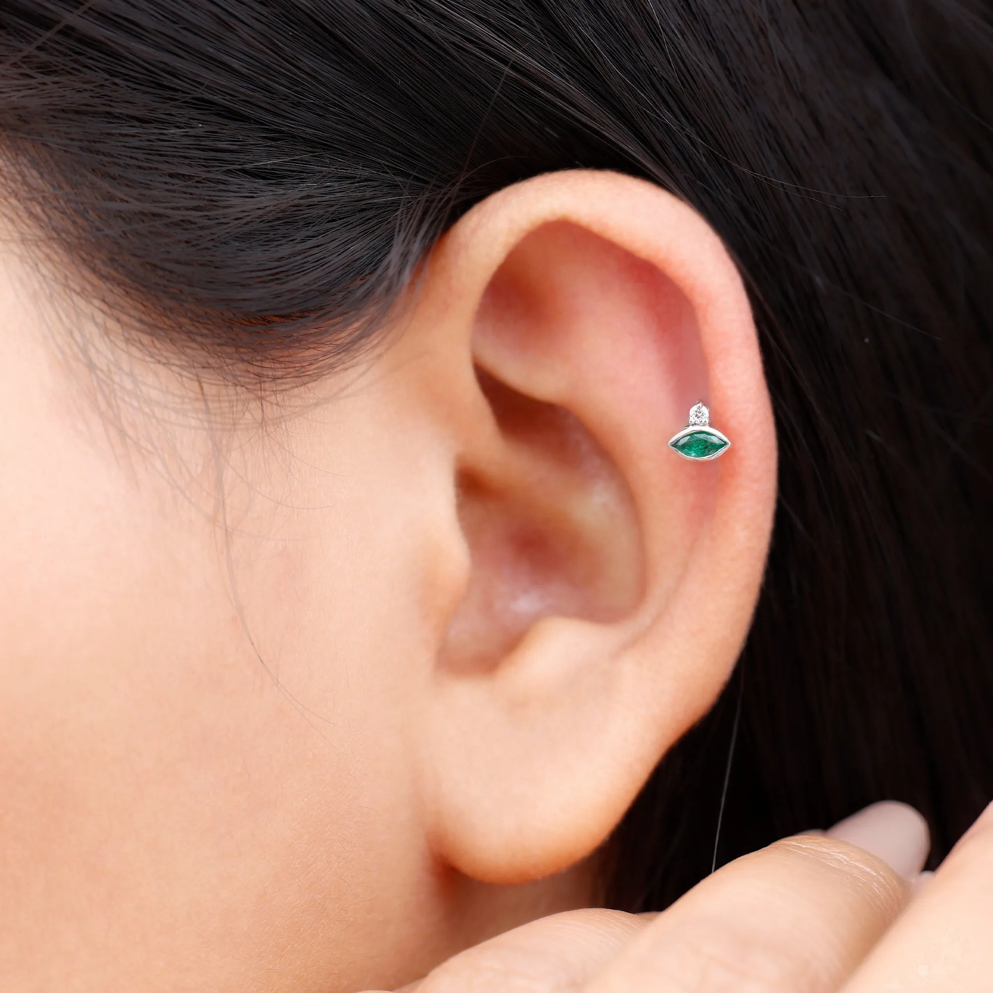 Marquise Cut Created Emerald Helix Earring with Moissanite