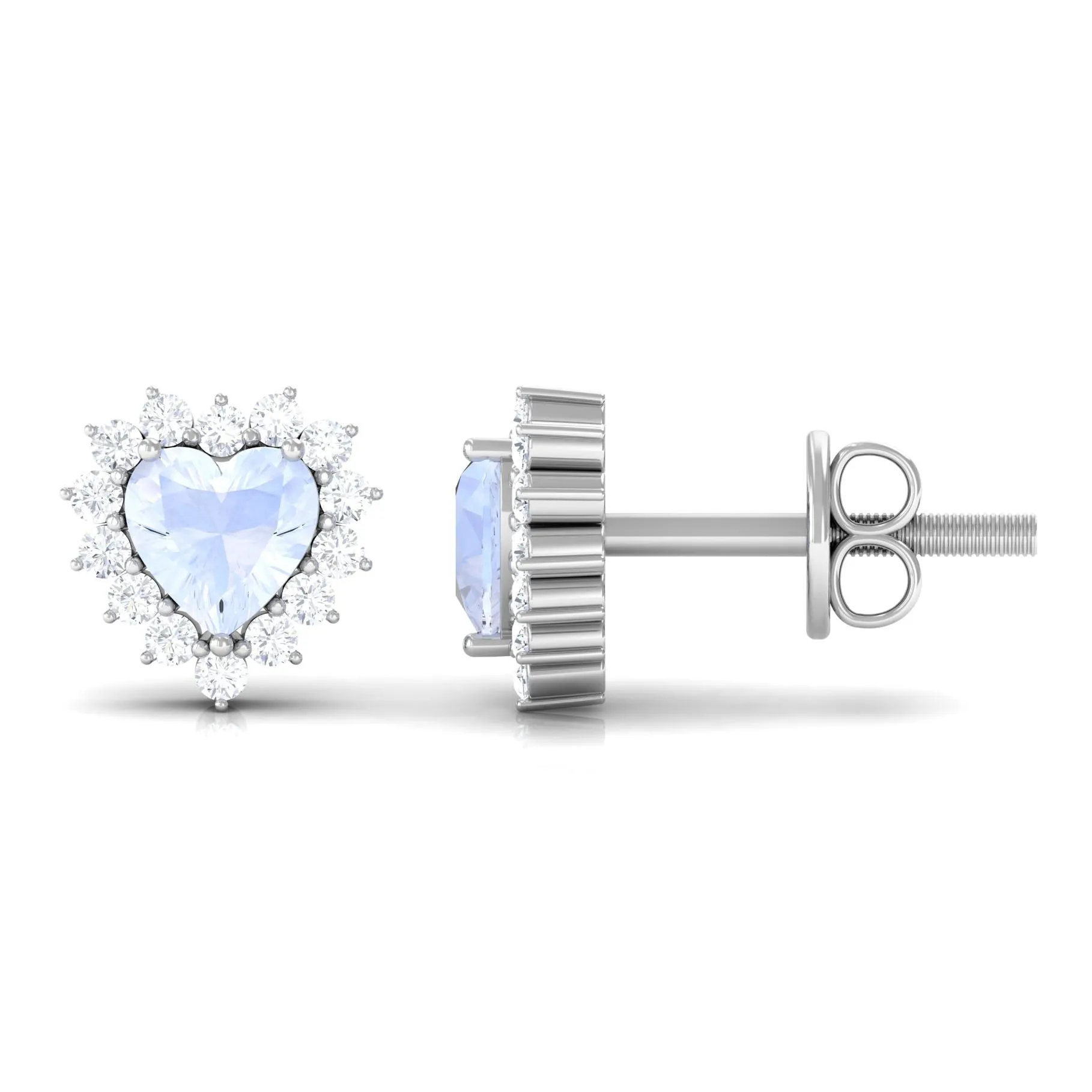 Minimal Heart Shape Moonstone Halo Stud Earrings with Diamond