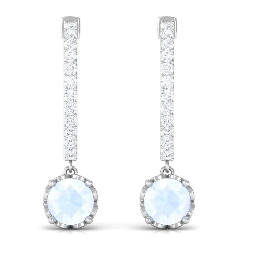 Minimal Round Moonstone Hoop Drop Earrings with Diamond