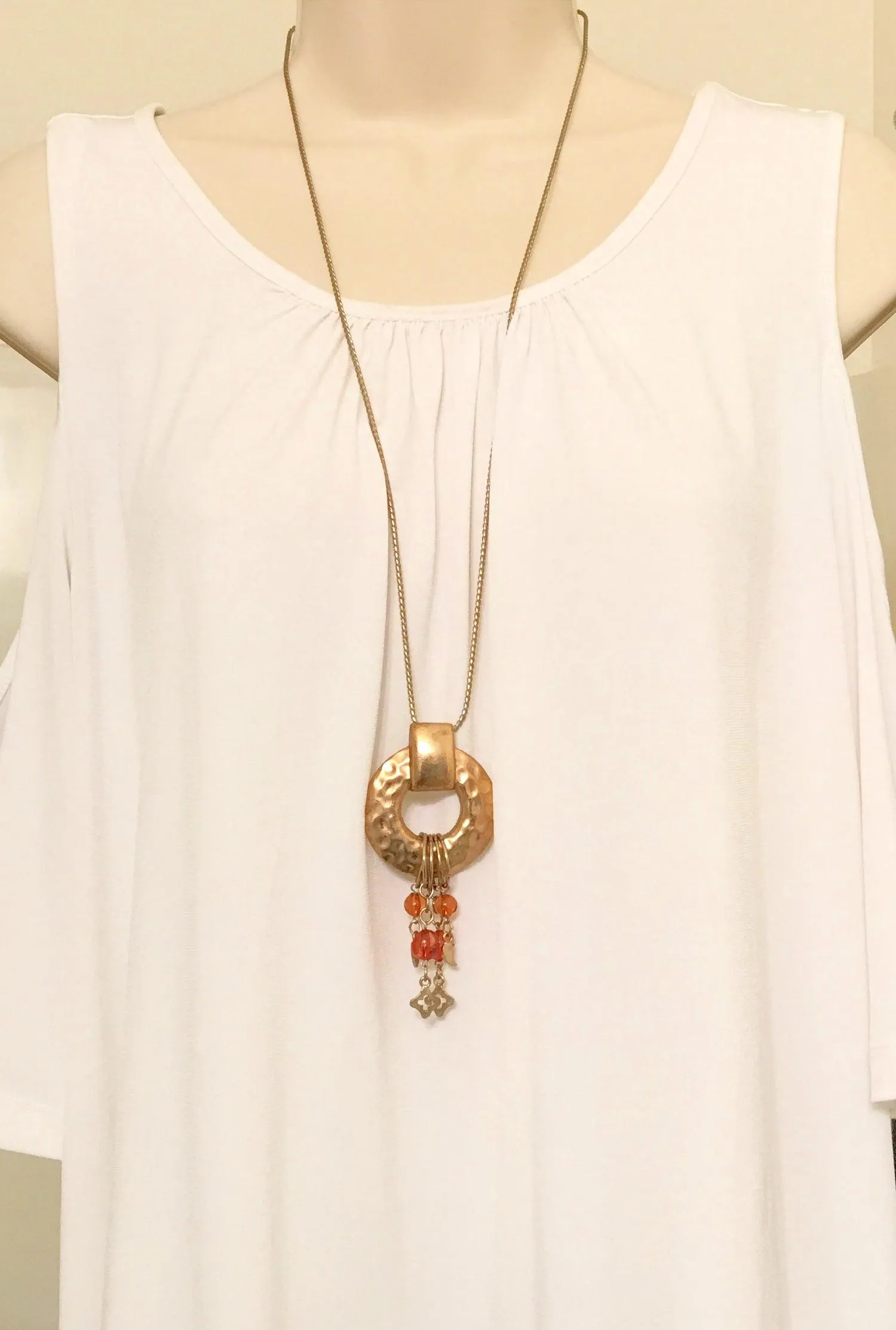 Modern Necklace with Hammered Pendant and Dangles