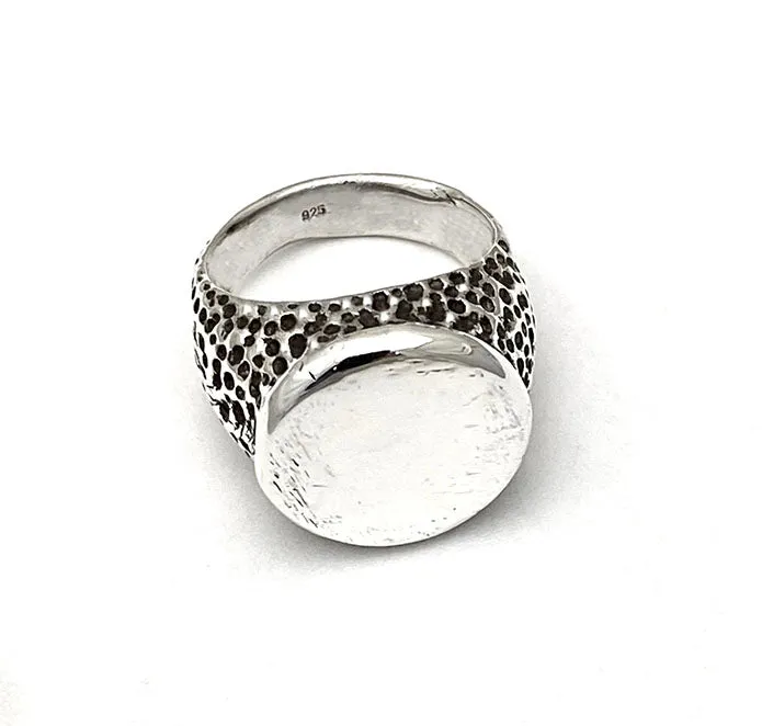 Moon Crater Shank and Oval Top Men's Silver Signet Ring