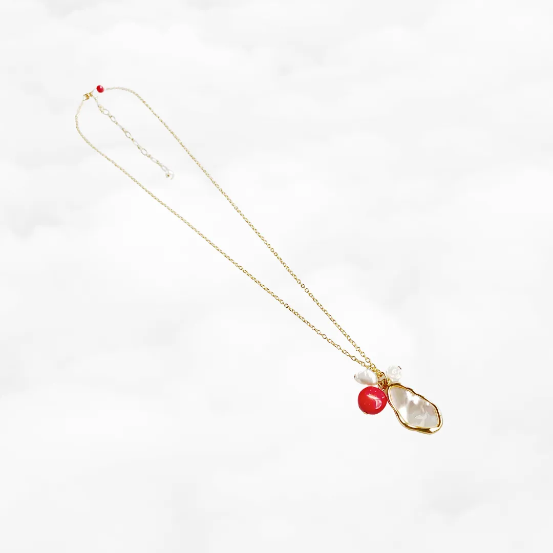 Mother Pearl and Red Coral Cluster Pendant Necklace