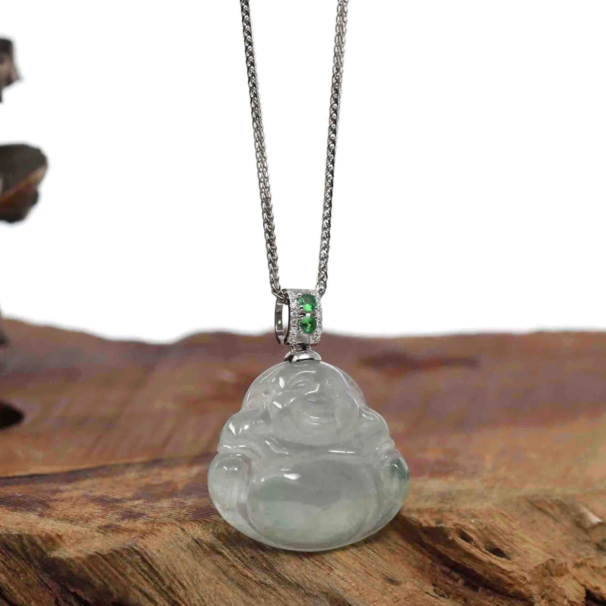 Natural Burmese Jadeite Jade Happy Buddha With 14k White Gold AA Emerald Bail