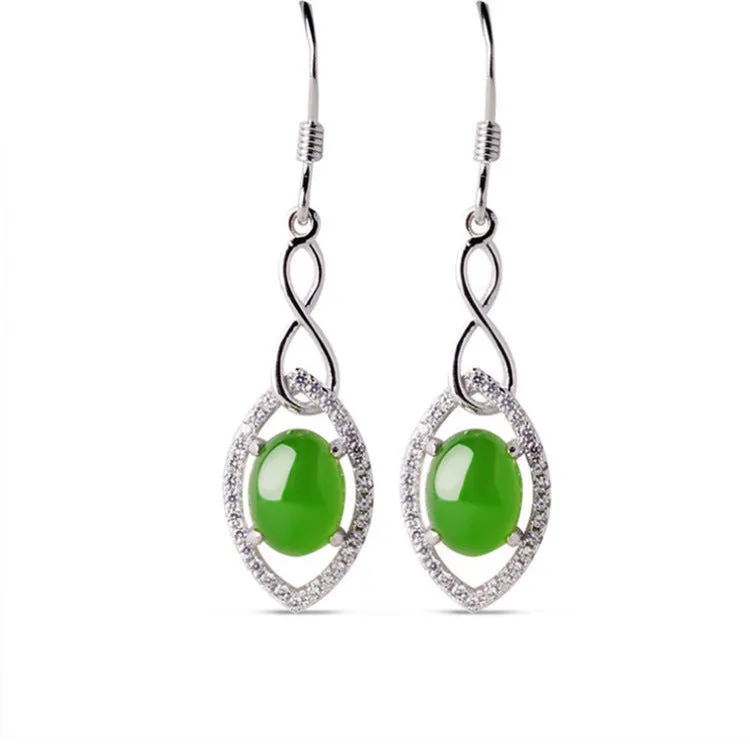 Natural Jade Earrings Nephrite Silver Zircon Earrings ZEG557