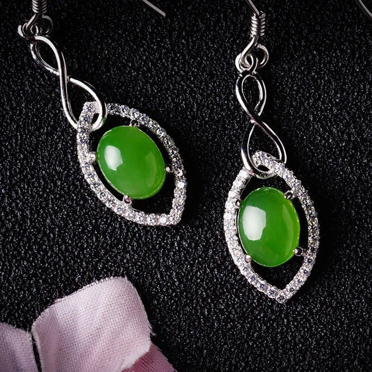 Natural Jade Earrings Nephrite Silver Zircon Earrings ZEG557