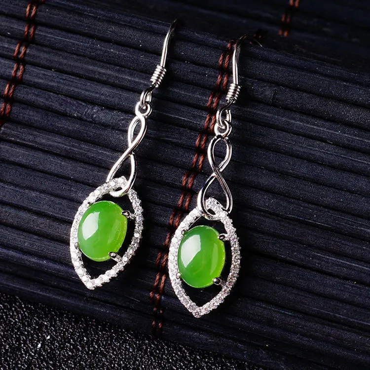 Natural Jade Earrings Nephrite Silver Zircon Earrings ZEG557