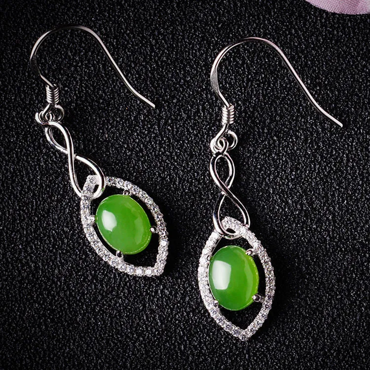 Natural Jade Earrings Nephrite Silver Zircon Earrings ZEG557