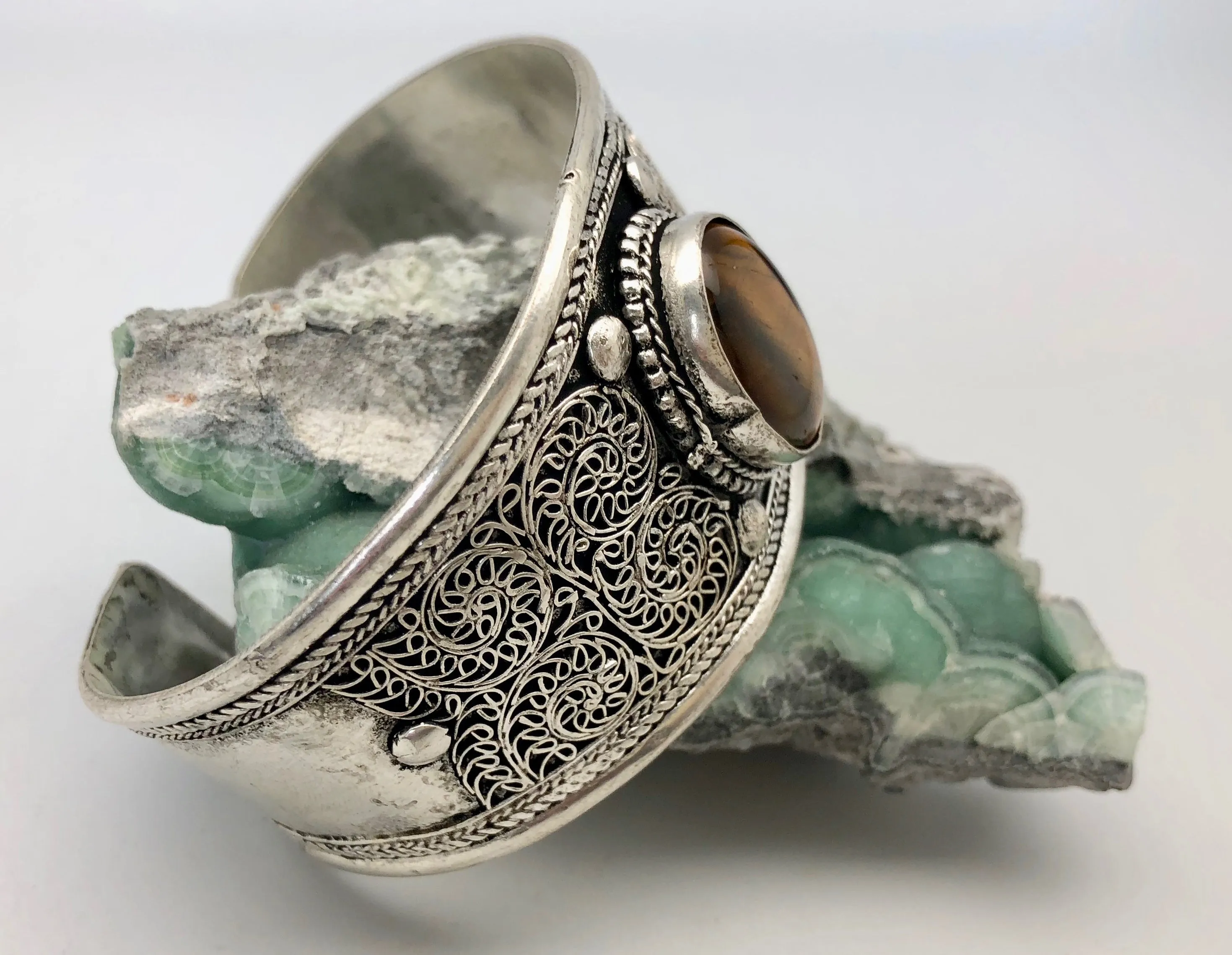 Nepali Silver Cuff Bracelet with Large Tiger's Eye Cabochon