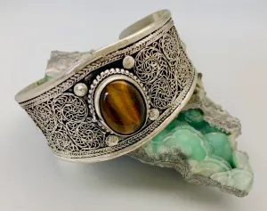 Nepali Silver Cuff Bracelet with Large Tiger's Eye Cabochon