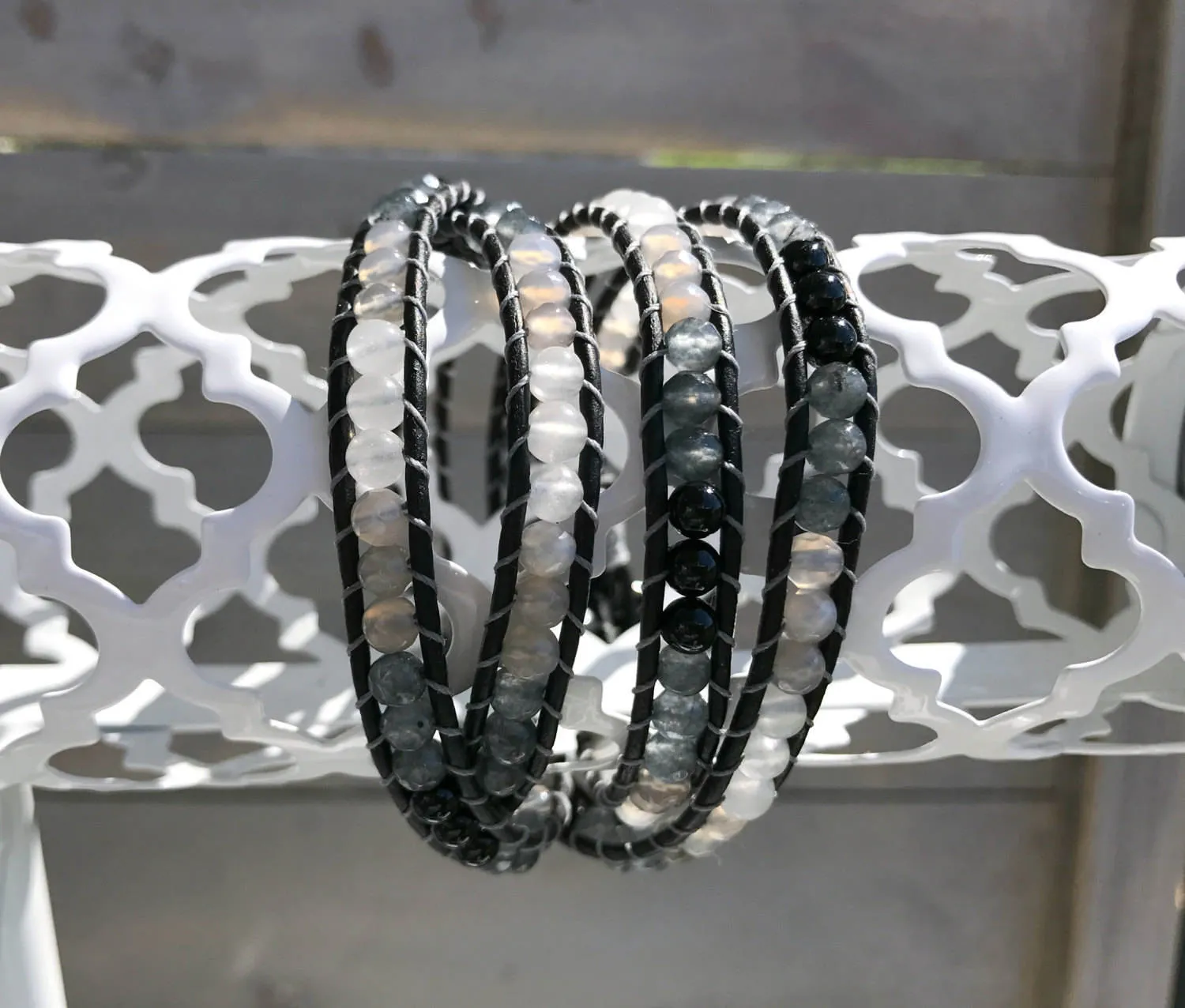 Ombre Black and White Gemstone 4x Wrap Bracelet, Onyx, Jade, Agate beaded bracelet