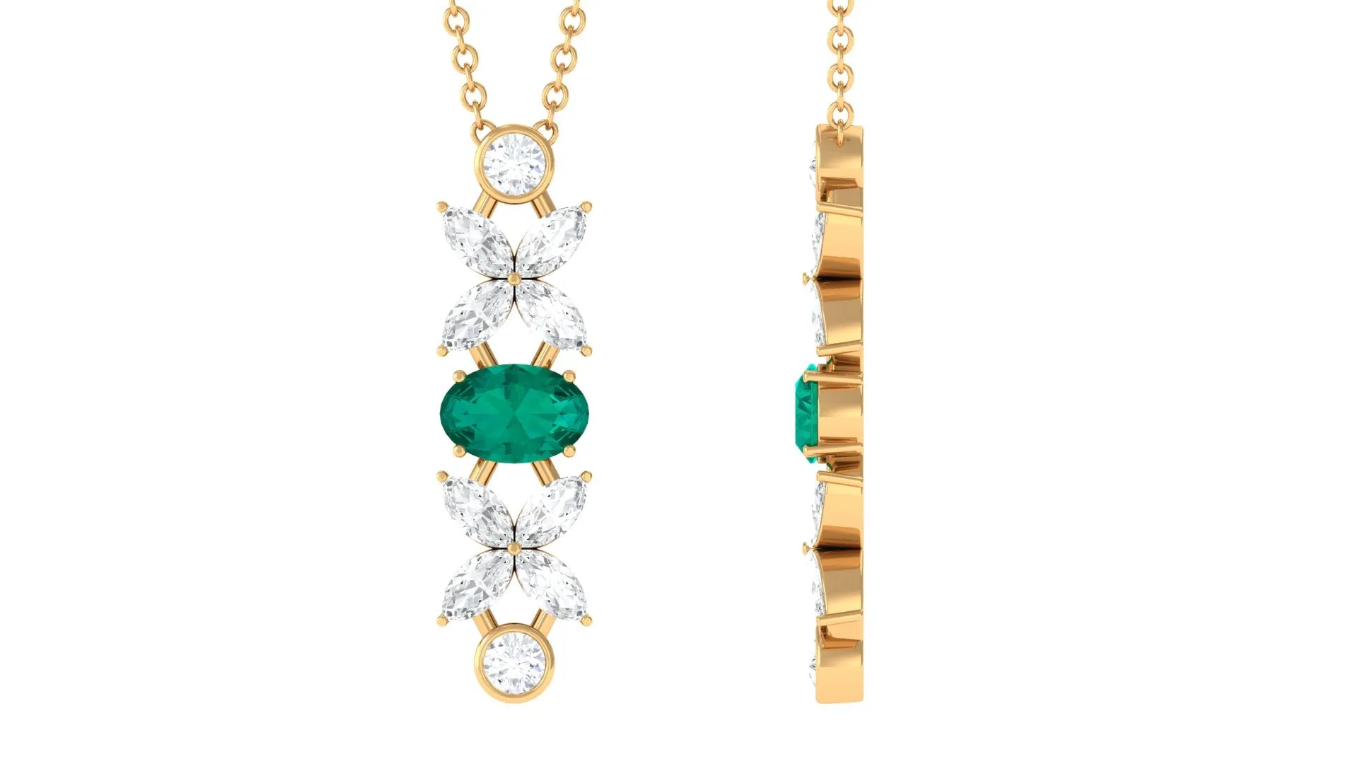 Oval Emerald and Diamond Flower Dangle Necklace