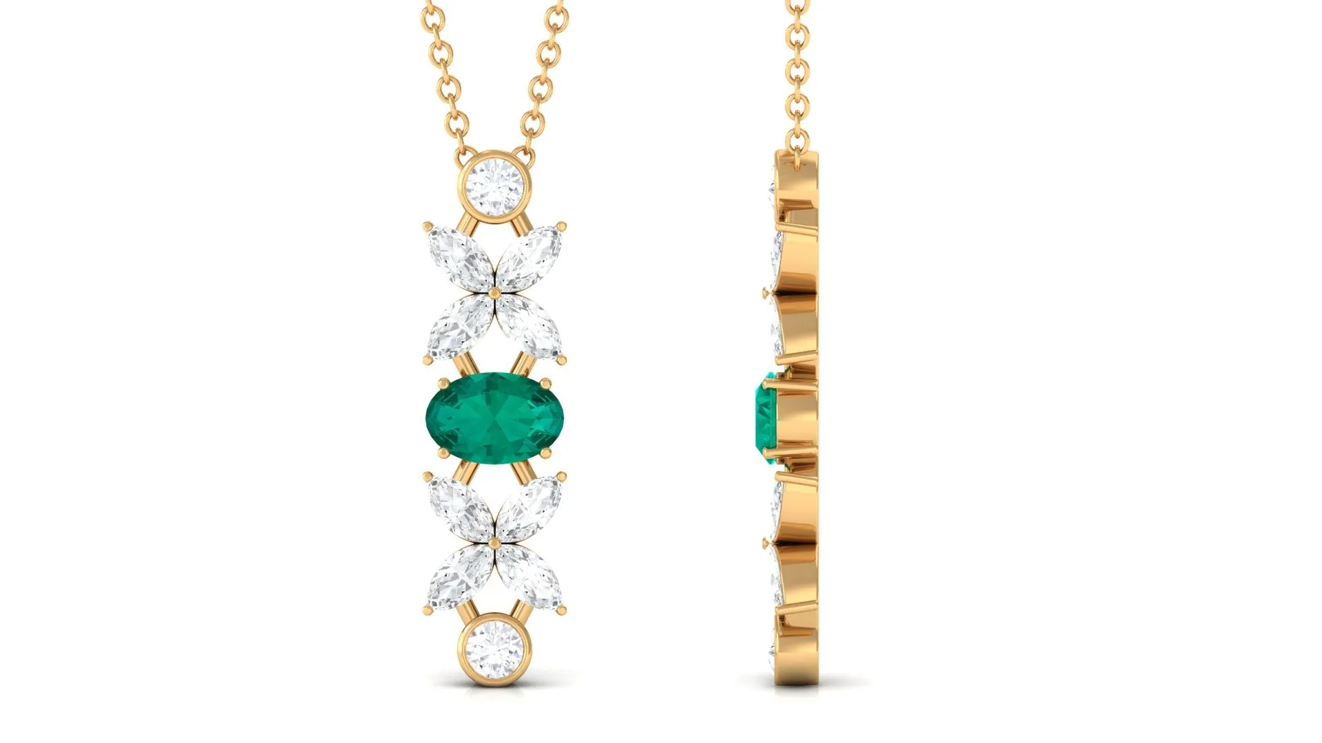 Oval Emerald and Diamond Flower Dangle Necklace