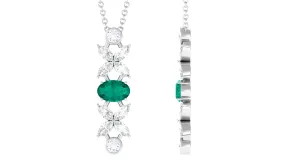 Oval Emerald and Diamond Flower Dangle Necklace