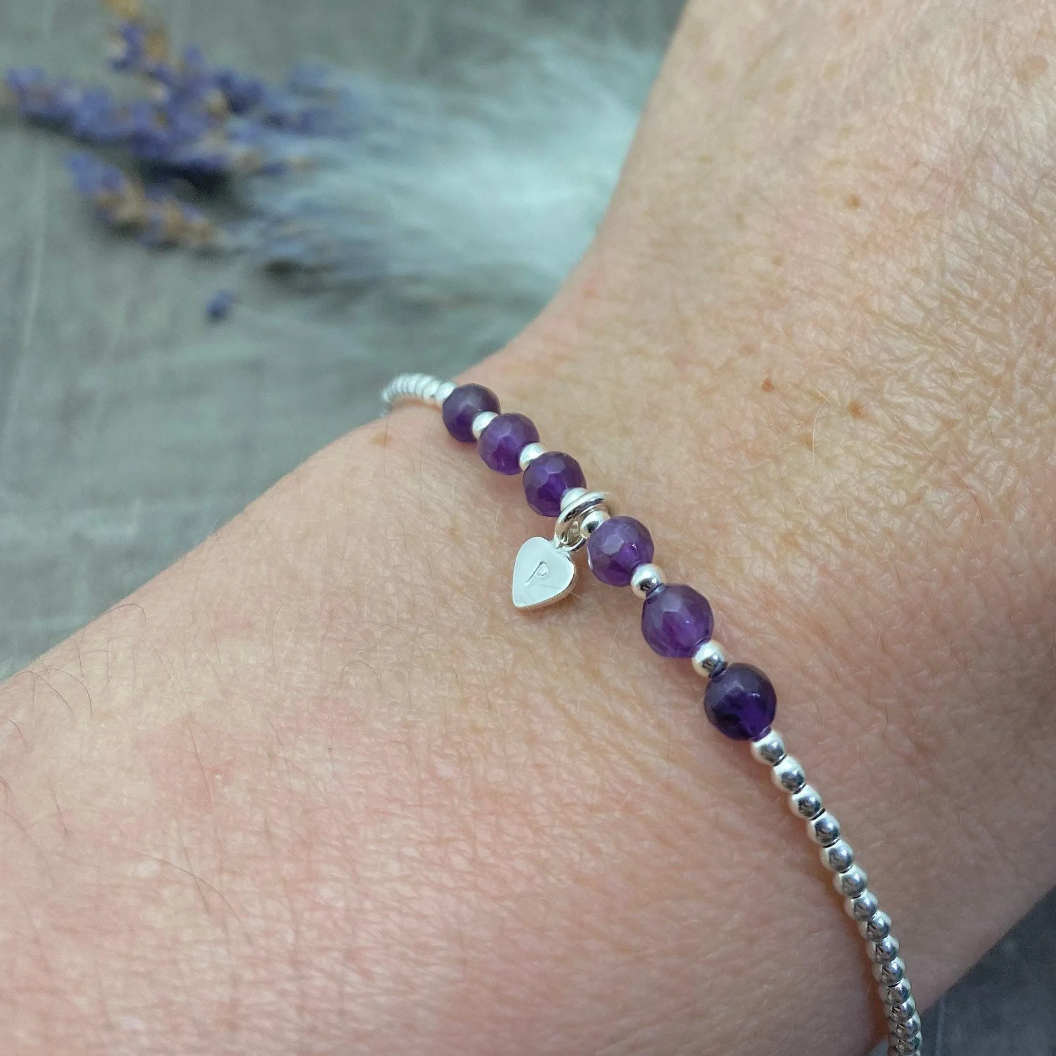 Personalised Amethyst Bracelet, Dainty February Birthstone Jewellery in Sterling Silver