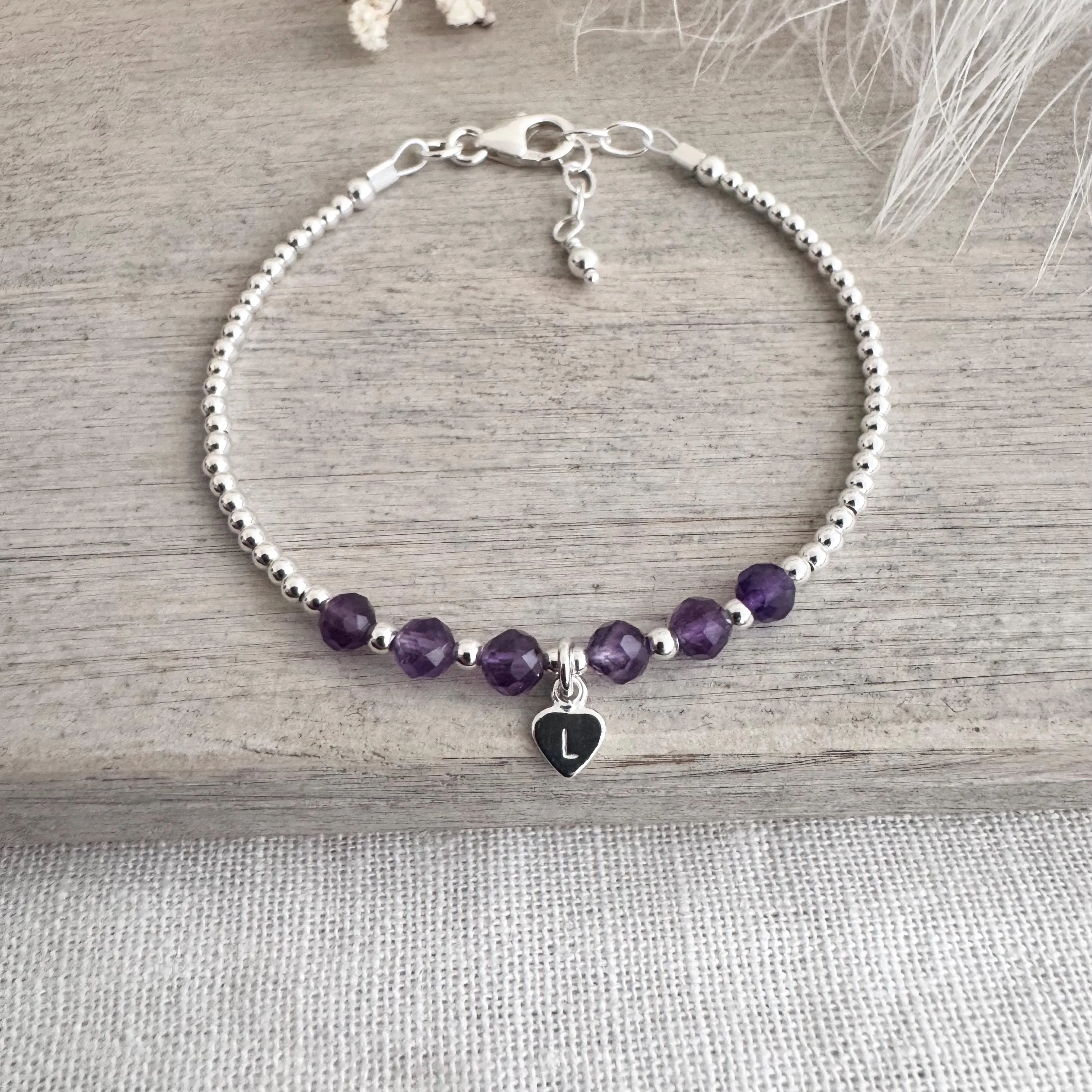 Personalised Amethyst Bracelet, Dainty February Birthstone Jewellery in Sterling Silver