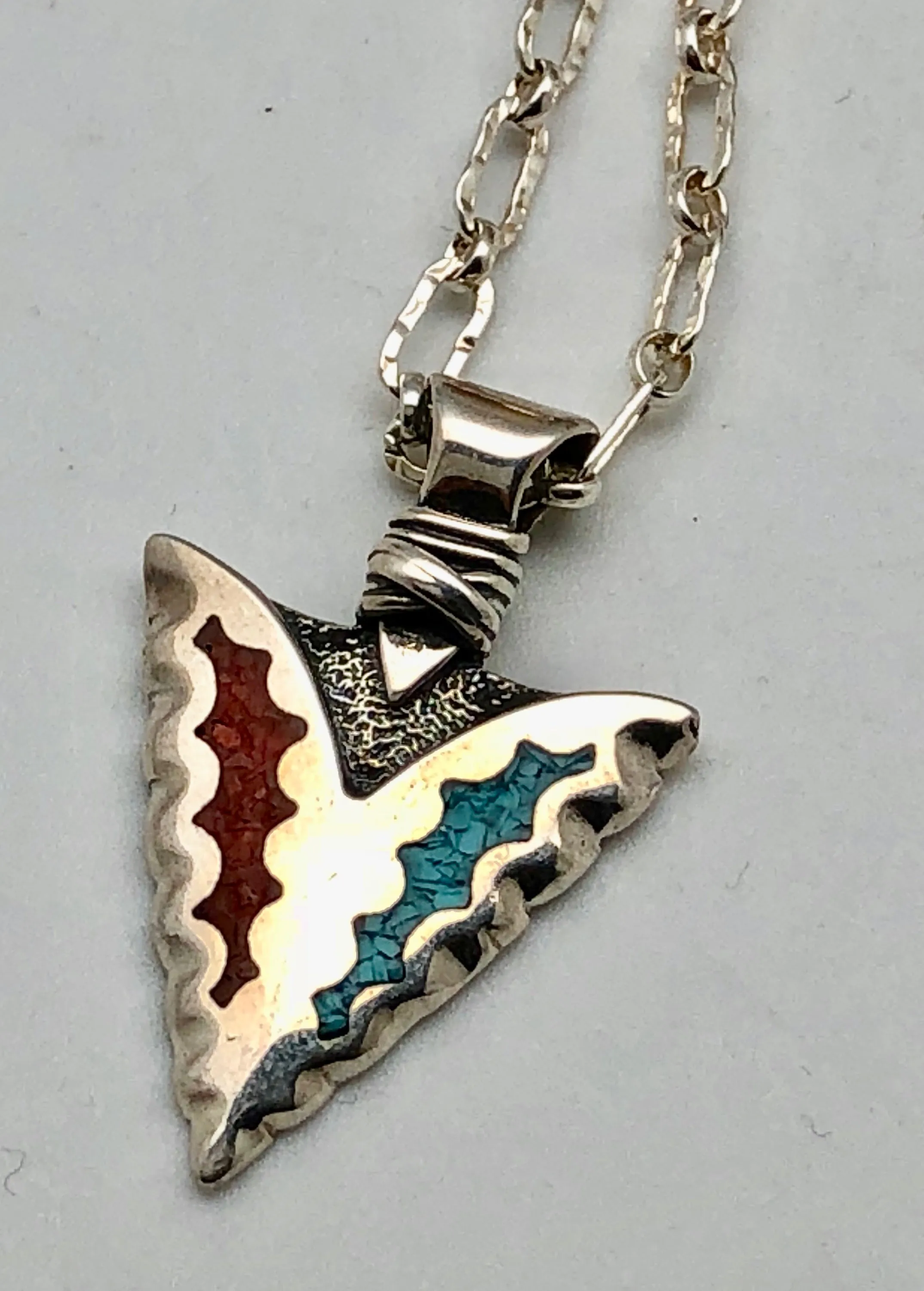Peyote Bird Coral and Turquoise Warrior's Truth Silver Arrow Head Charm Necklace