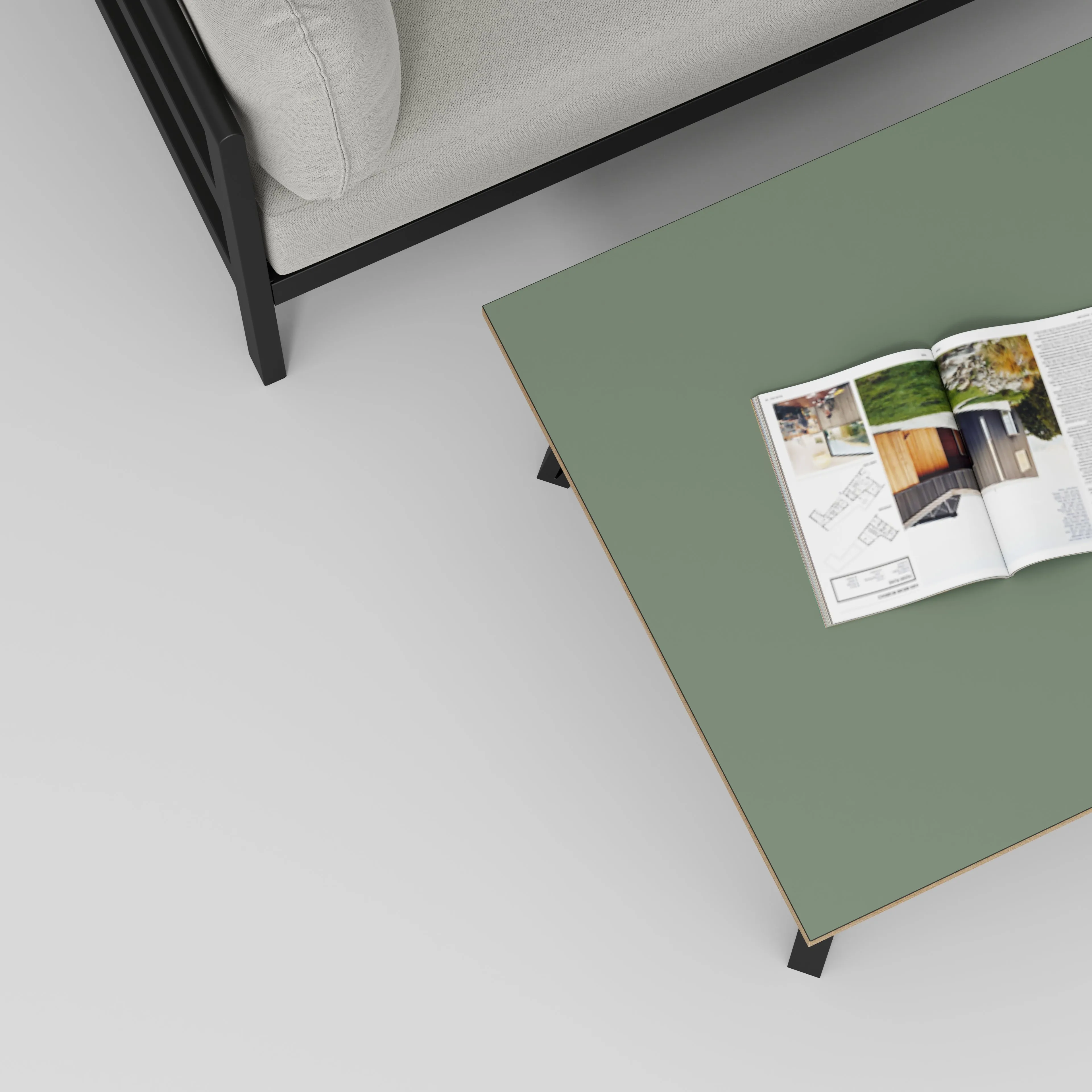 Plywood Coffee Table with Black Box Hairpin Legs - Formica Green Slate - 800(w) x 800(d) x 425(h)